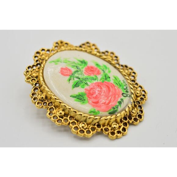 Artist Johan Painted Vintage Statement Pin Brooch Floral Roses Gold Cameo BinF - Picture 5 of 12